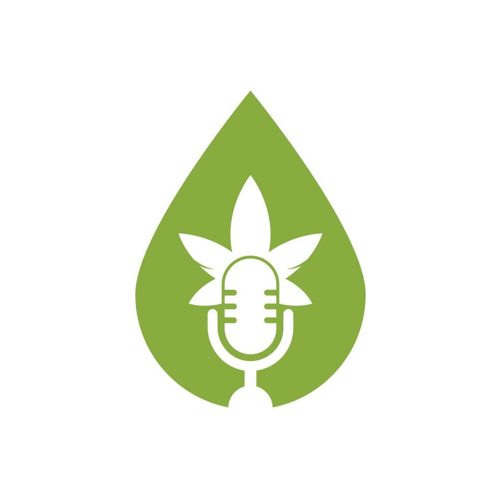 Cannabis-Podcast-Tropfenform-Konzept-Vektor-Logo-Design. Podcast-Logo mit Cannabisblatt-Vektorvorlage. vektor