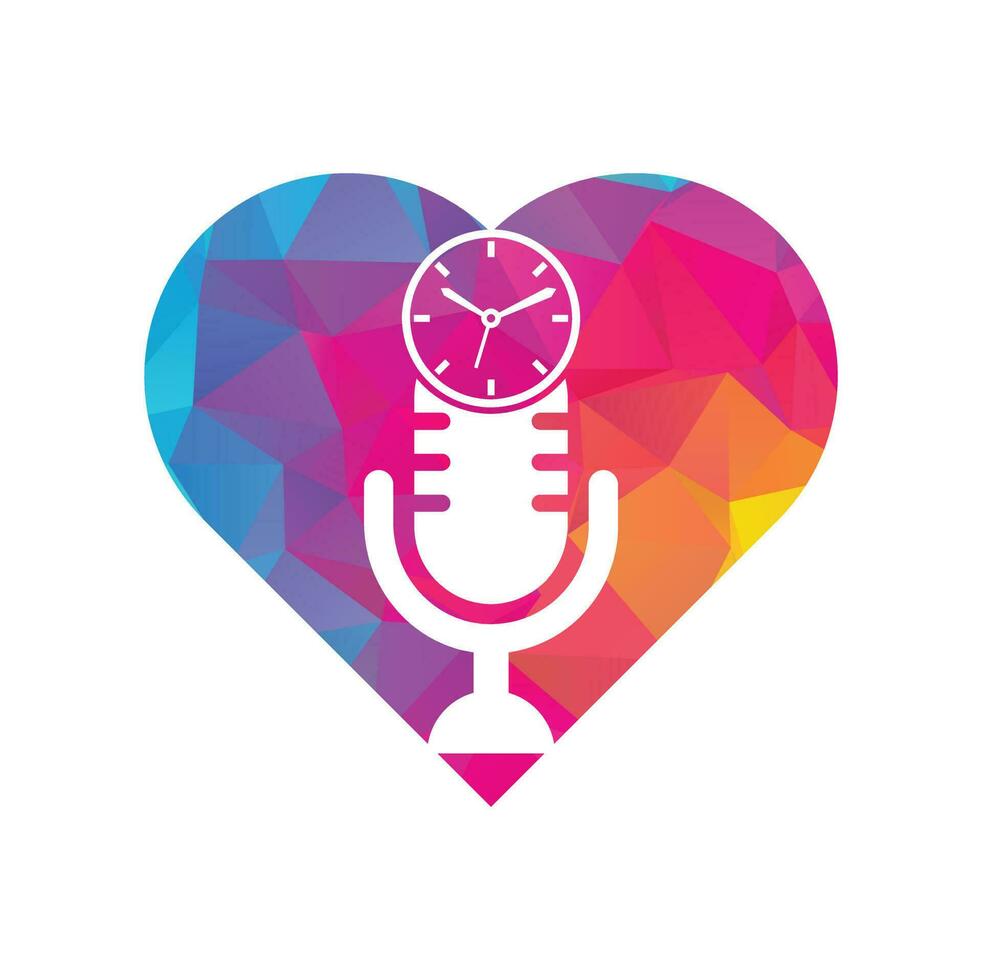 Podcast-Zeit Herzform Konzept Vektor-Logo-Design-Vorlage. Mikrofon-Uhr-Vektor-Logo-Design-Ikone. vektor