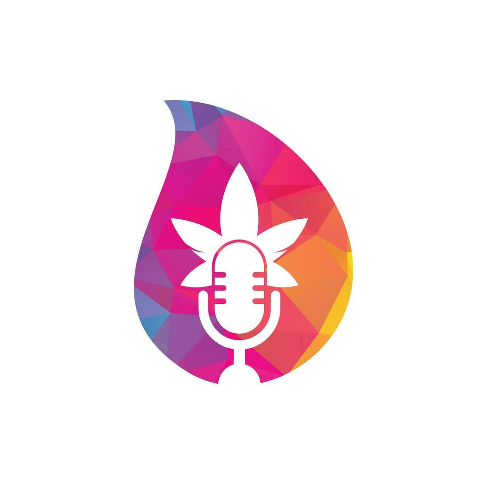 Cannabis-Podcast-Tropfenform-Konzept-Vektor-Logo-Design. Podcast-Logo mit Cannabisblatt-Vektorvorlage. vektor