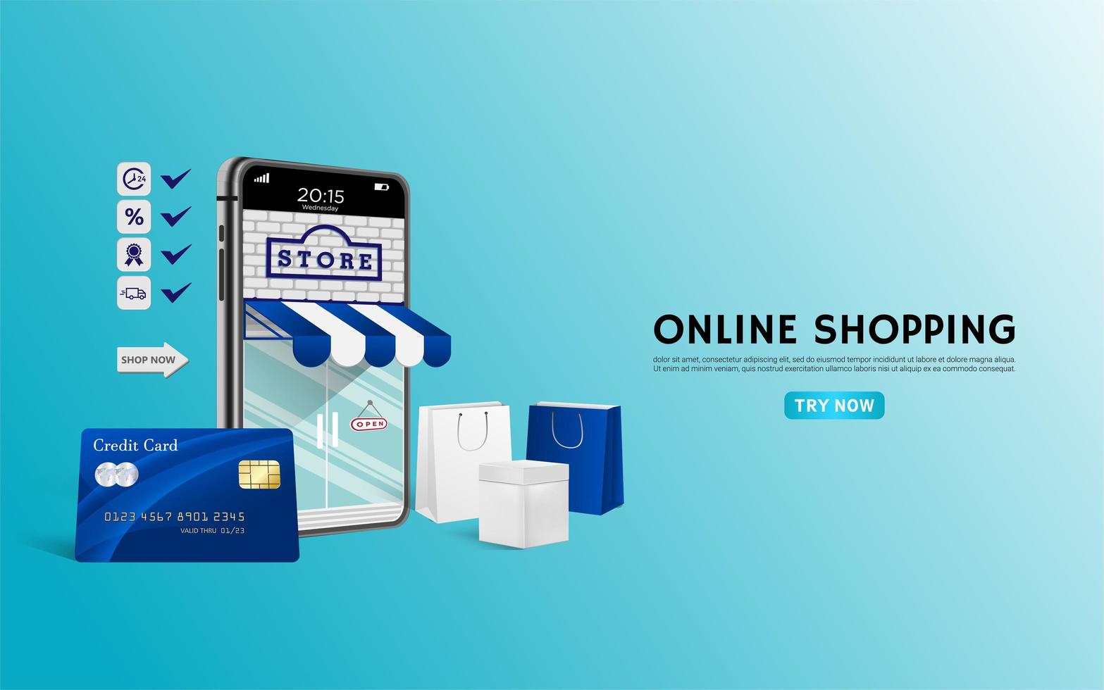 Online-Shop-Konzept mit blauer Kreditkarte und Taschen vektor