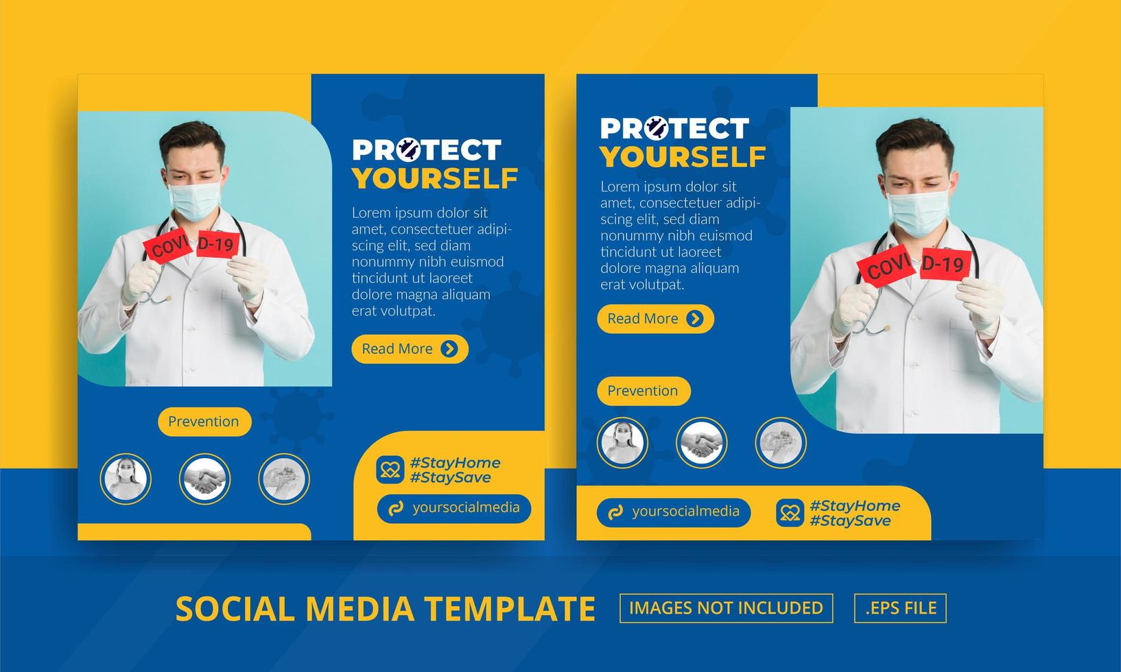 blaue und gelbe Gesundheitsschutz Social Media Set vektor
