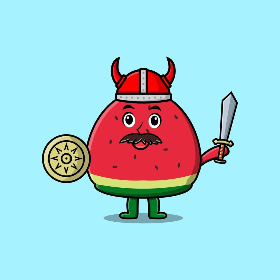 söt tecknad serie vattenmelon viking pirat håll svärd vektor