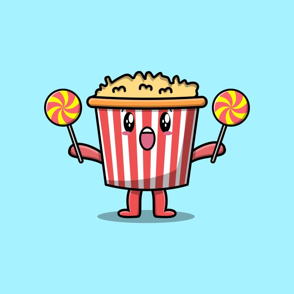 niedliches Cartoon-Popcorn, das Lutscher-Süßigkeiten hält vektor