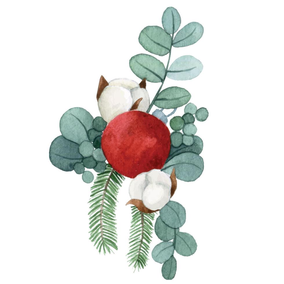 Aquarellzeichnung. blumenstrauß, komposition für weihnachten aus eukalyptusblättern, baumwollblumen und weihnachtsspielzeug. neues jahr der weinleseillustration, winter vektor