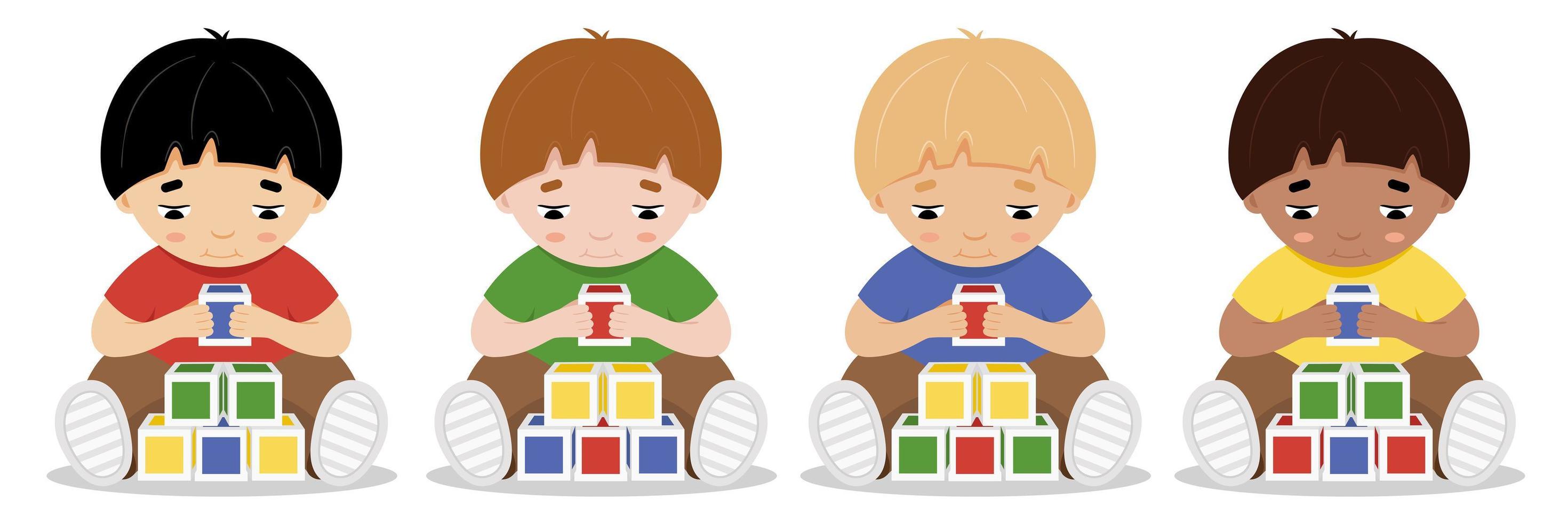 fröhliches Kleinkindsitzen sammelt eine Pyramide aus farbigen Würfeln. Konzeptentwicklung und Erziehung von Kleinkindern. vektor