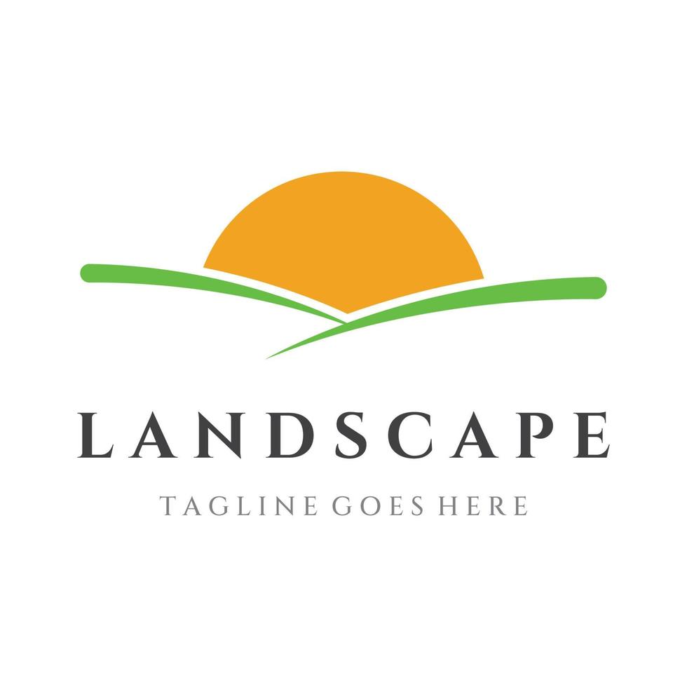 grön landskap logotyp kreativ mall design med jordbruksmark eller plantager och hills.logotyp för naturlig och jordbruks Produkter. vektor