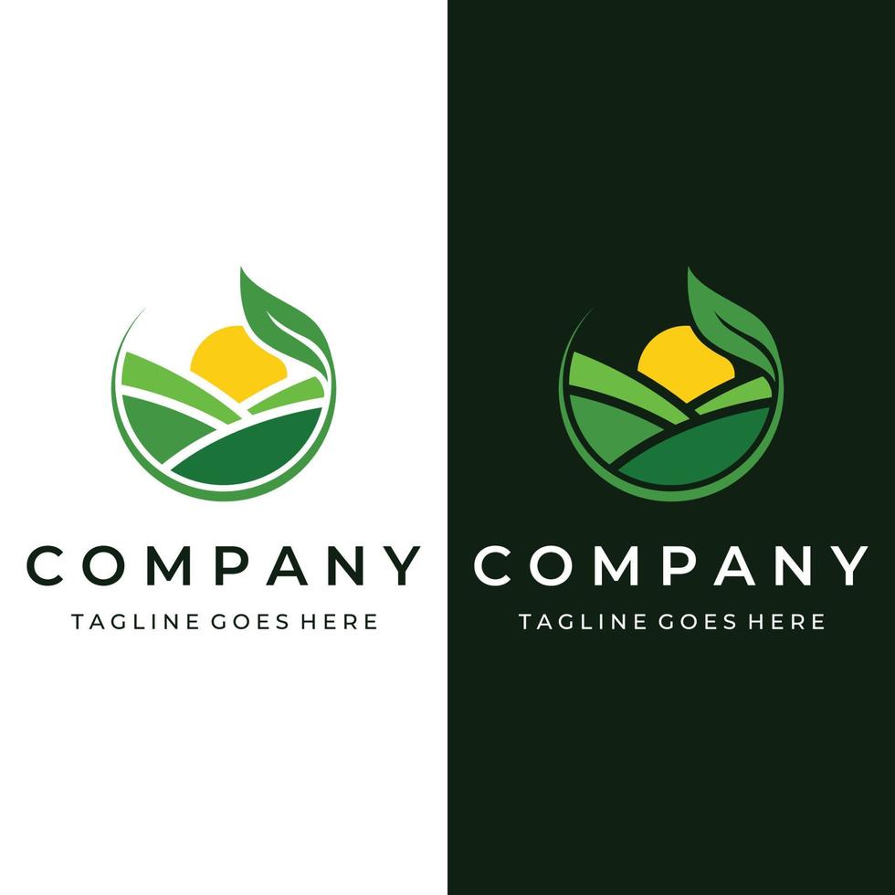 grünes landschaftslogo kreatives vorlagendesign mit ackerland oder plantagen und hügeln.logo für natürliche und landwirtschaftliche produkte. vektor