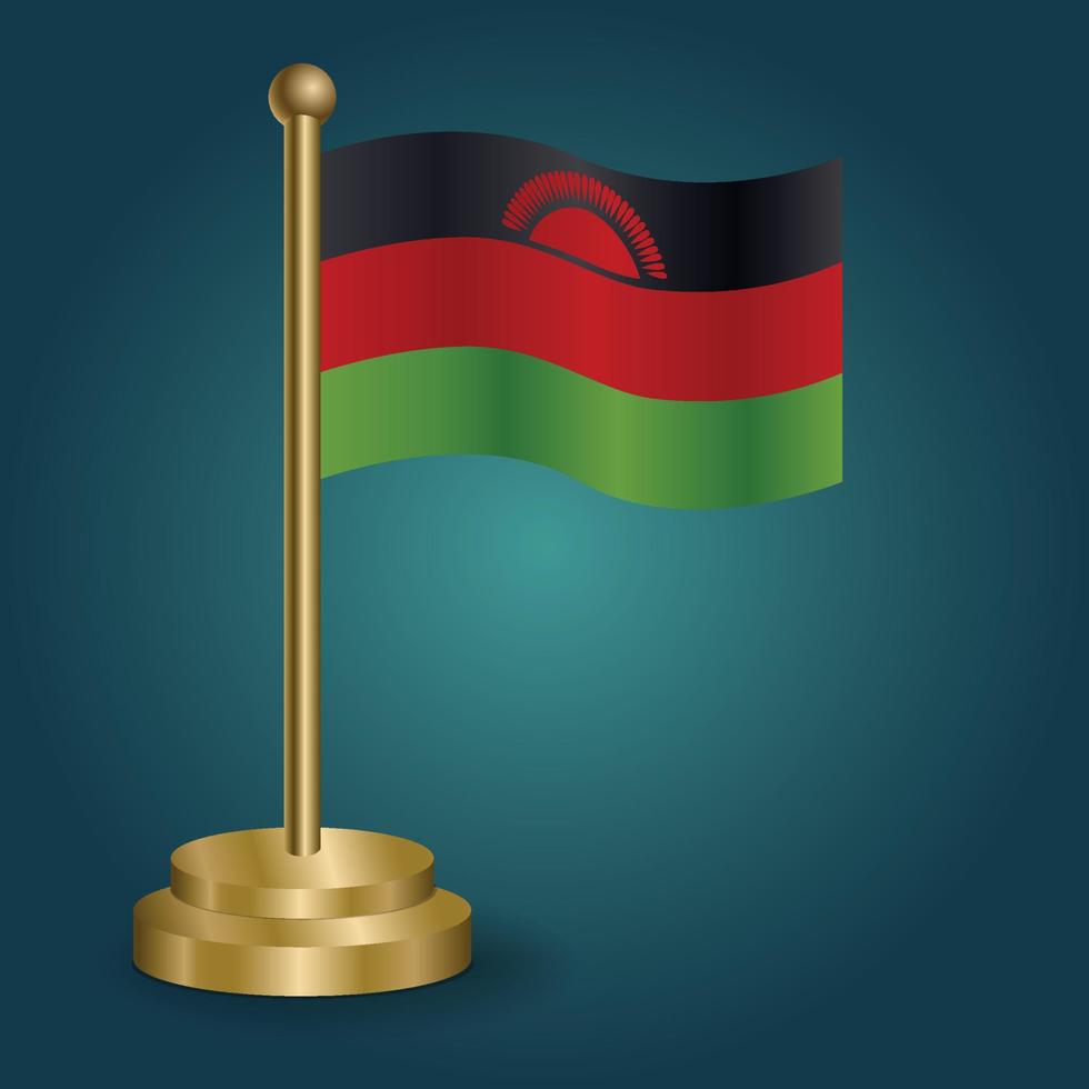 malawi nationalflagge auf goldenem pol auf abgestuftem isoliertem dunklem hintergrund. Tischfahne, Vektorillustration vektor