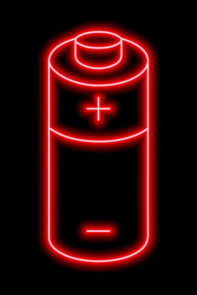 röd neon översikt av batteri med plus och minus- tecken på en svart bakgrund. avgift tecken. elektricitet, kraft vektor