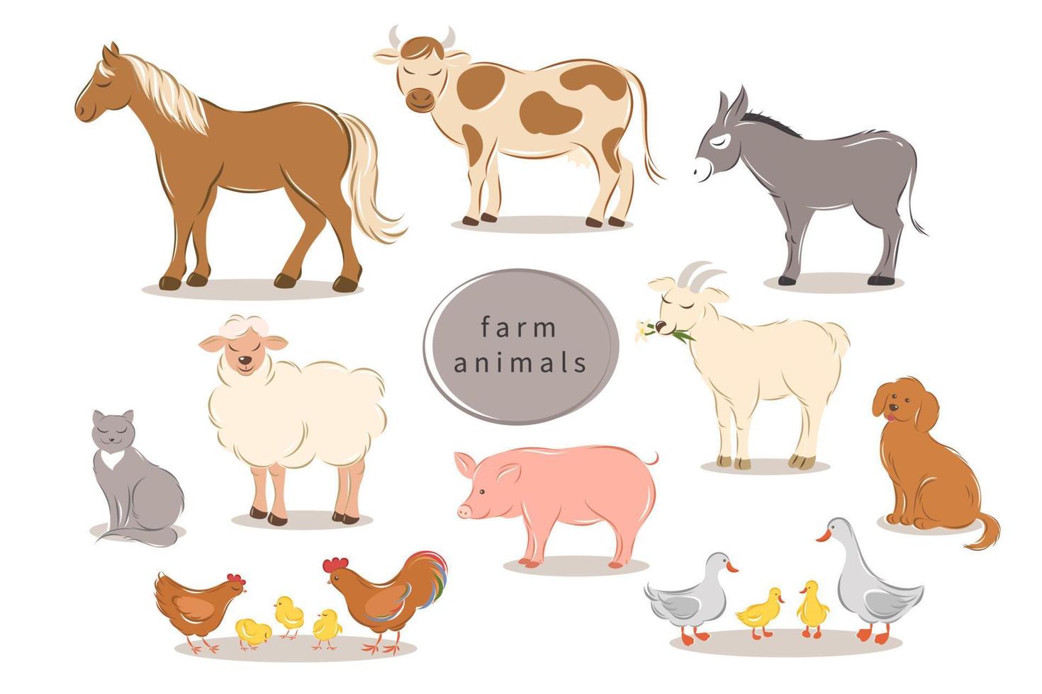Nutztiere auf weißem Hintergrund. karikaturtiersammlung pferd, kuh, esel, schaf, ziege, schwein, katze, hund, ente, gans, huhn, hahn. Vektor-Illustration. vektor