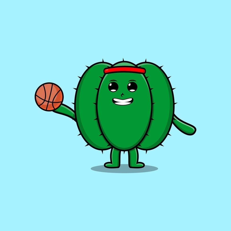 söt tecknad serie kaktus karaktär spelar basketboll vektor