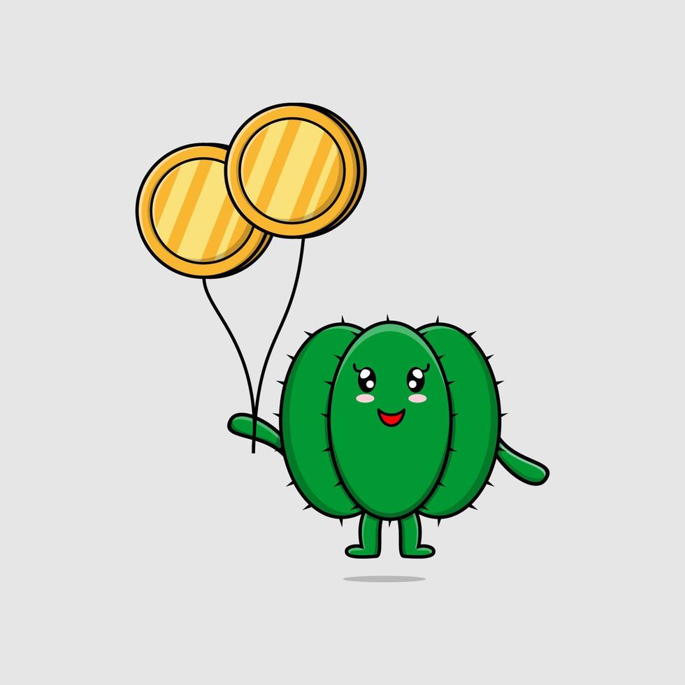 söt tecknad serie kaktus flyta med guld mynt ballong vektor