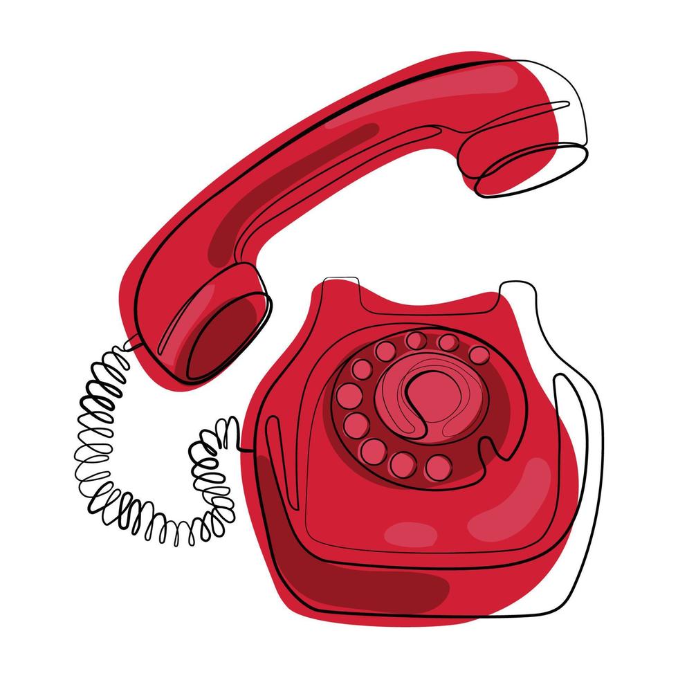 altes rotierendes rotes Telefon moderne Zeichnung.Vintage verdrahteter Telefonhörer, einfache Vektorillustration des Retro-Telefons lokalisiert auf weißem Hintergrund. vektor