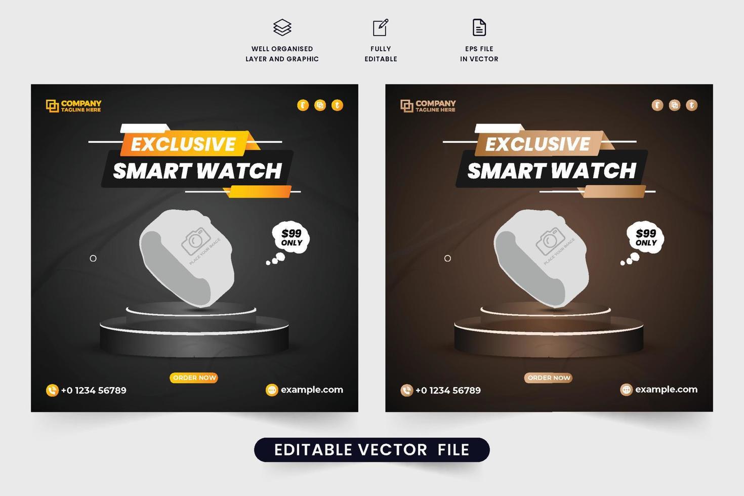 Exklusives Smartwatch-Verkaufsvorlagendesign für digitales Marketing. Digitaluhr Business Social Media Post Vektor mit dunklen Hintergründen. armbanduhr-produkt-promotion-vorlagendesign für das marketing.