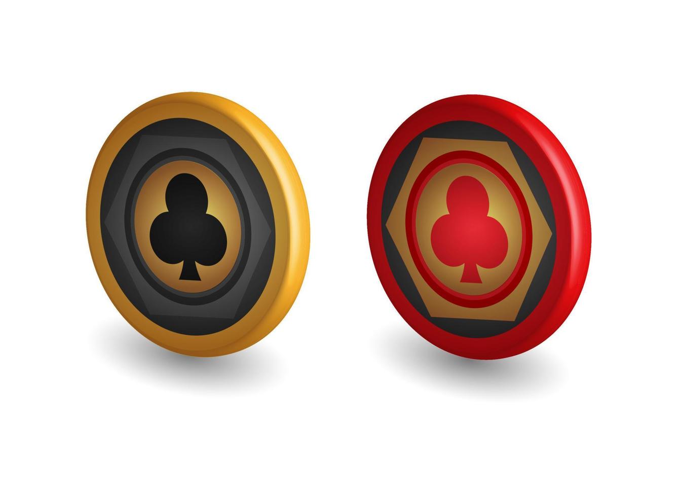 Gold und rote Pokerchips, mit Vereinssymbolen, Spieldesignelementen, 3D-Vektorillustration, vektor