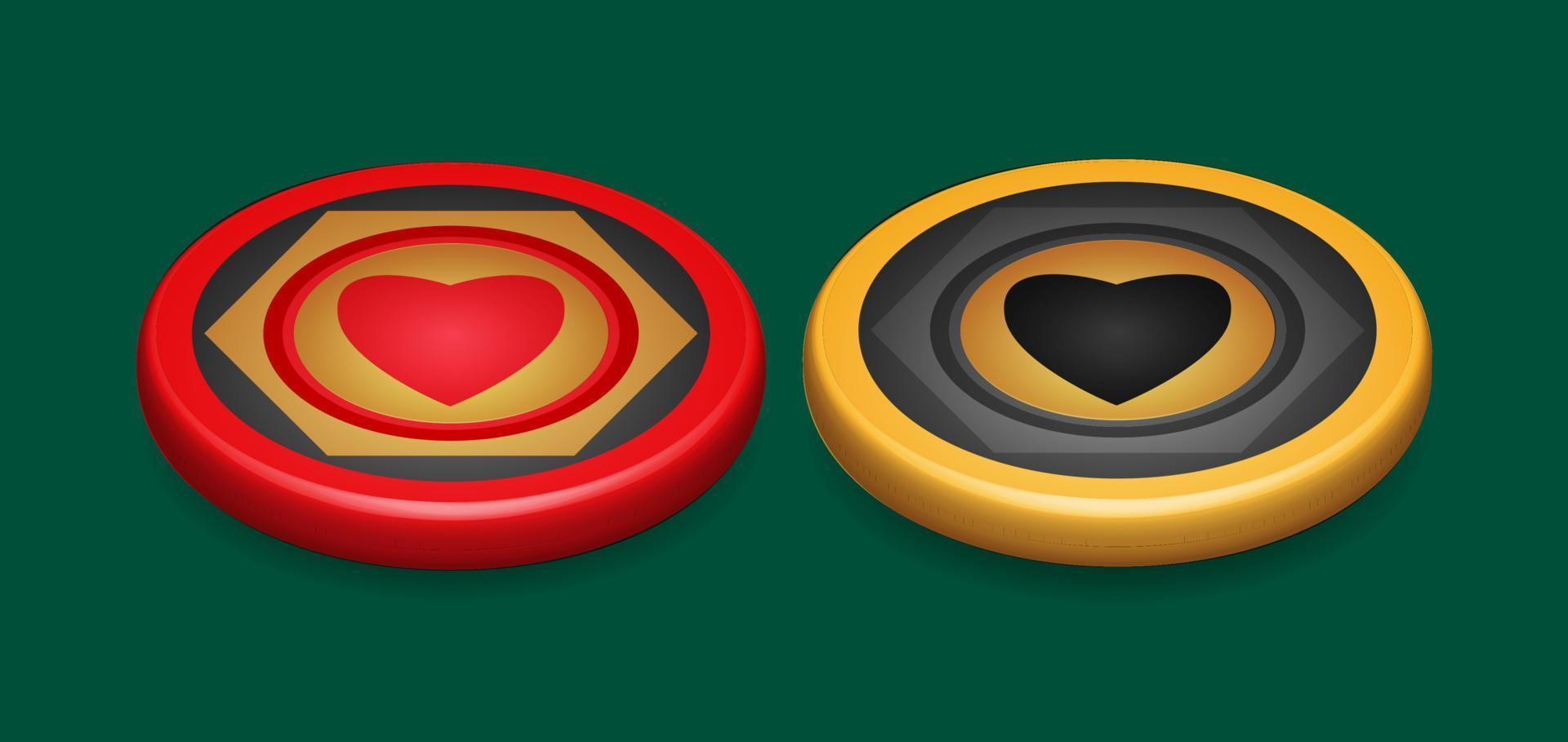 Gold und roter Pokerchip, mit Herzsymbol, Spielgestaltungselement, 3D-Vektorillustration vektor