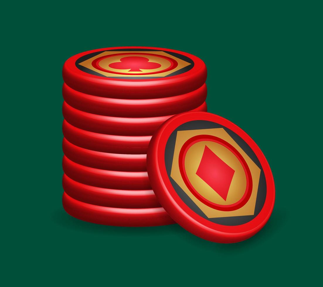 Haufen roter Pokerchips, mit Rautensymbol, Spieldesignelementen, 3D-Vektorillustration, vektor