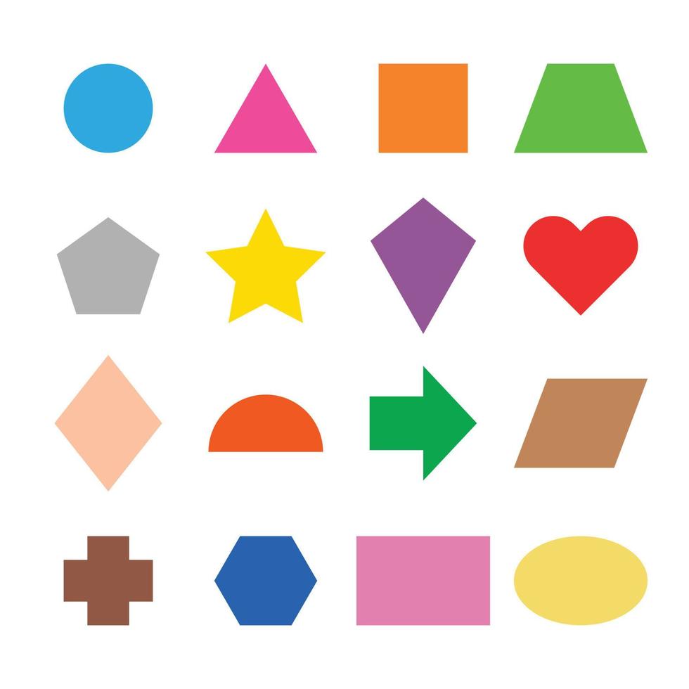 Sammlung grundlegender 2D-Formen für das Lernen von Kindern, farbenfrohe Lernkarten mit geometrischen Formen für Vorschule und Kindergarten. Illustration eines einfachen 2-dimensionalen Symbolsatzes mit flacher Form für die Bildung. vektor