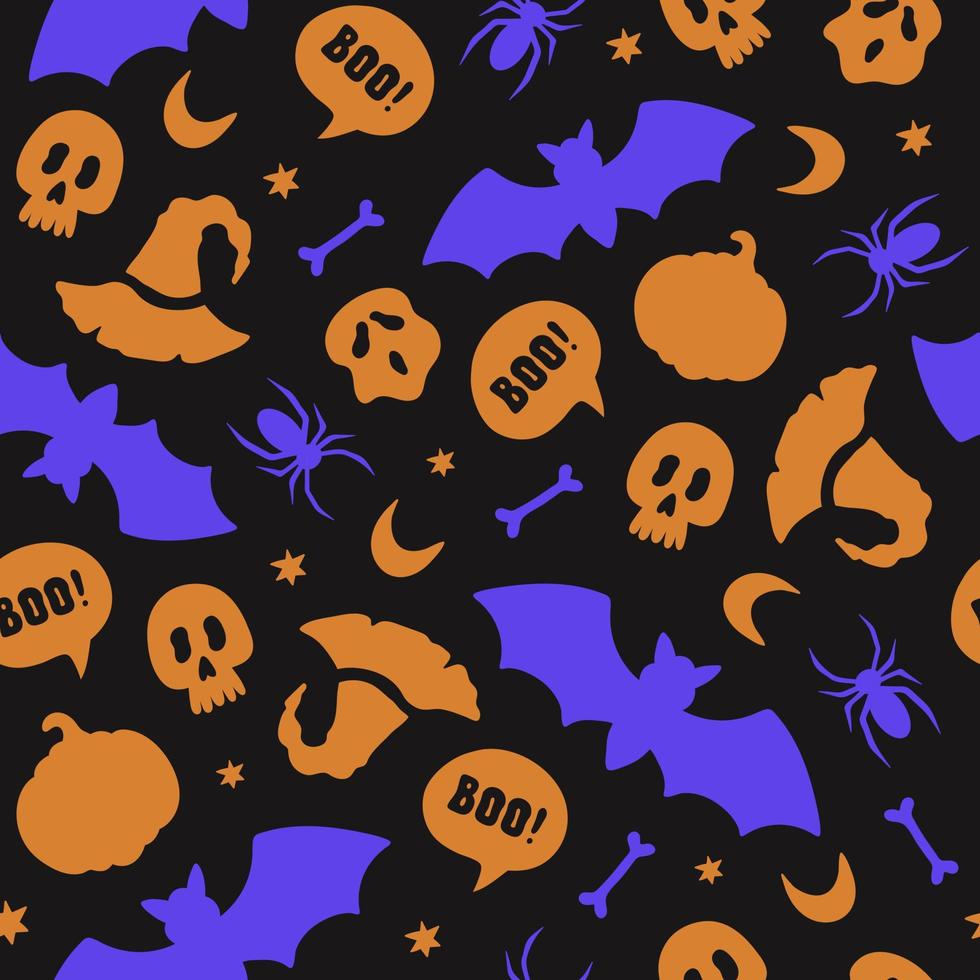 sömlös mönster med halloween silhuett element i senap och blå färger på en svart bakgrund. platt design. vektor illustration