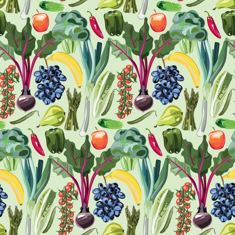 Bio-Lebensmittel nahtlose Muster. Vektor-Obst und Gemüse auf grünem Hintergrund. vektor