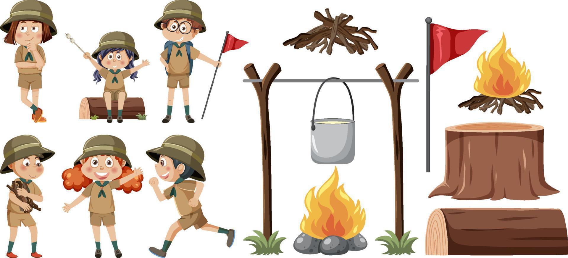 barn camping ut tecknad serie karaktär uppsättning vektor