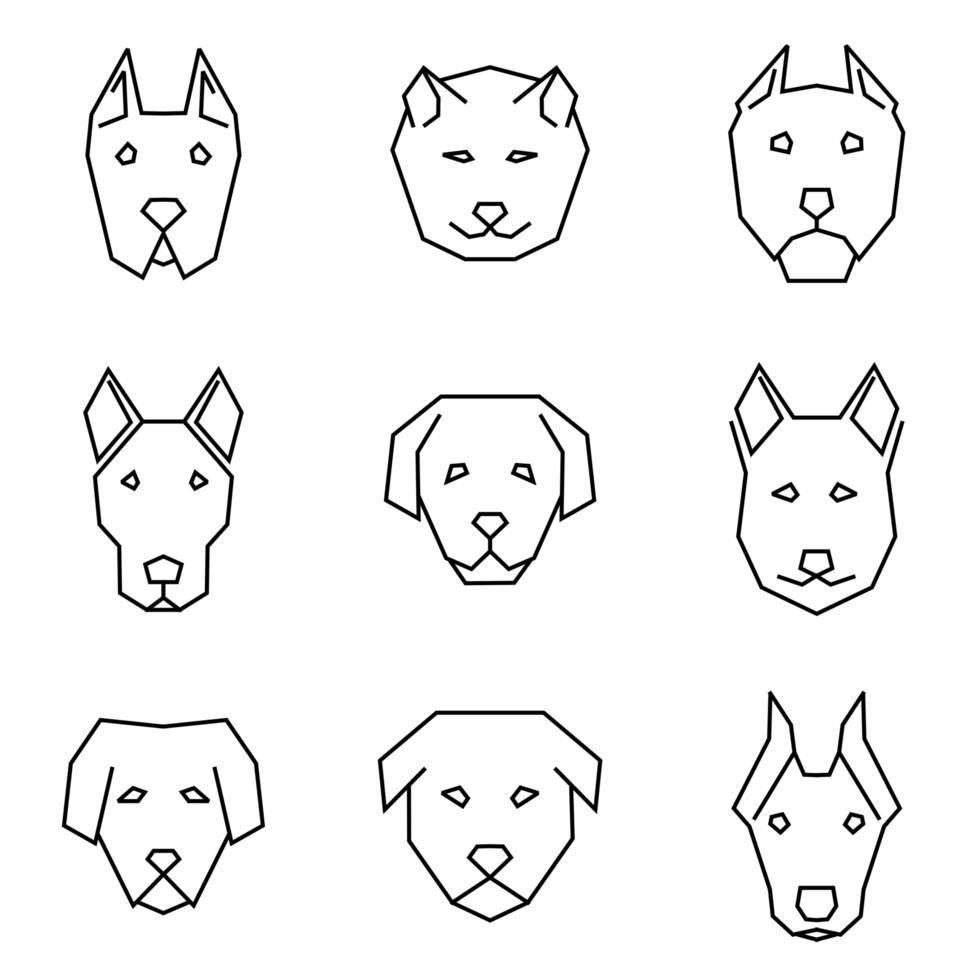 rak linje ikonuppsättning av hund ansikten vektor