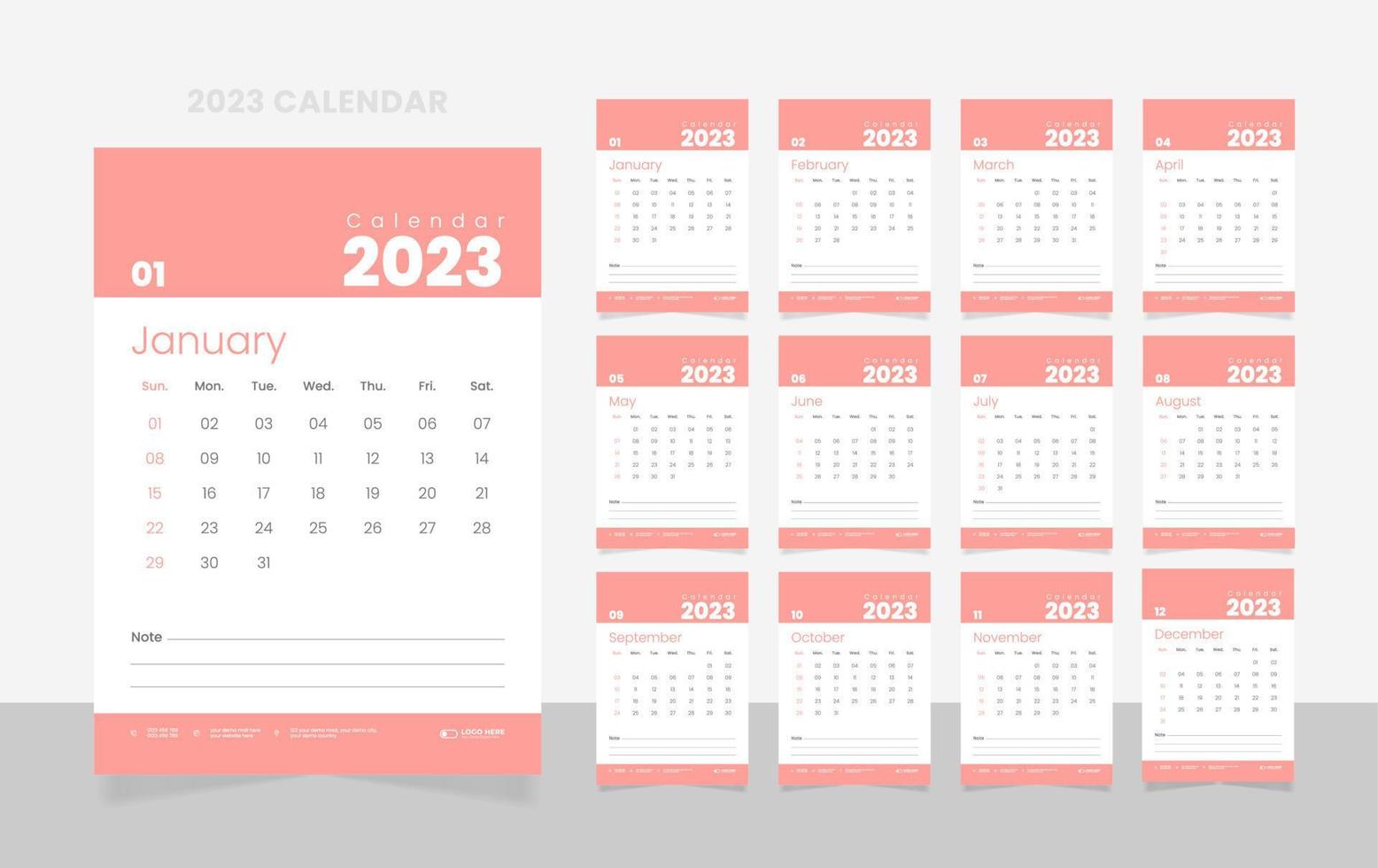 12-seitige Designvorlage für den Kalender 2023 vektor