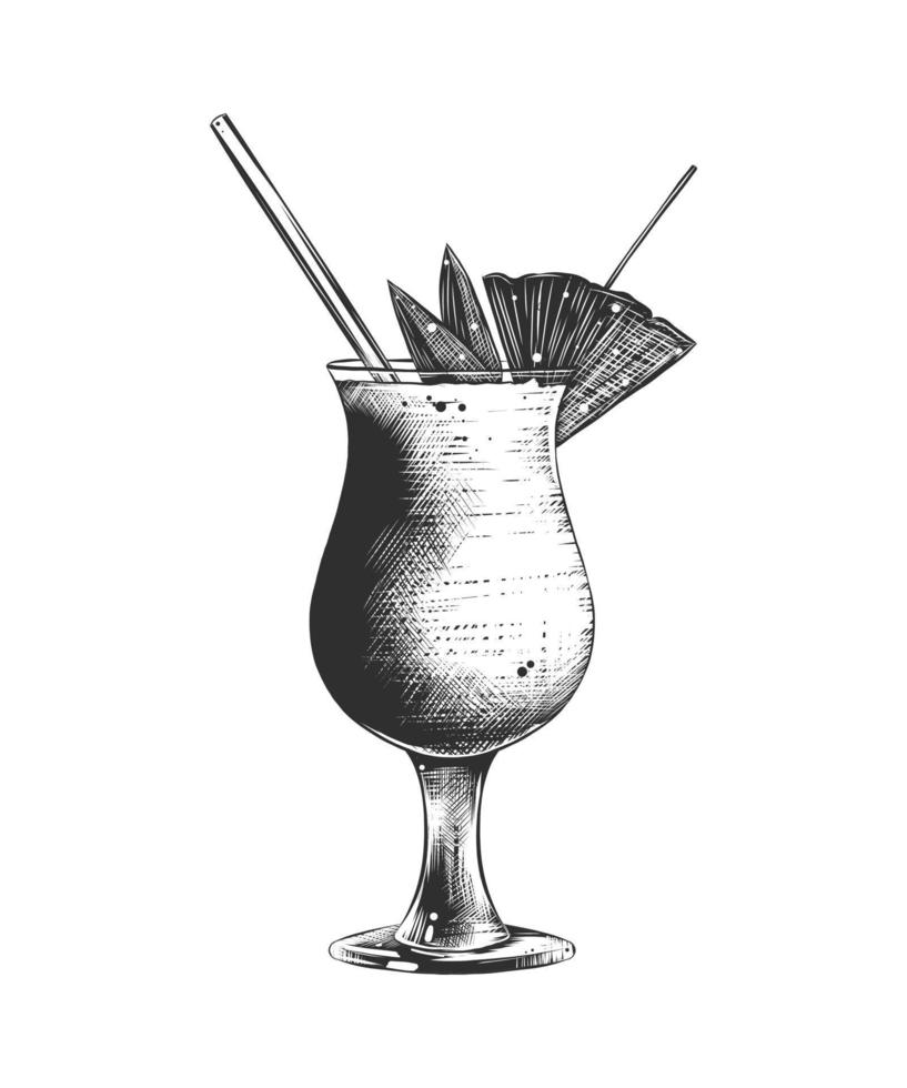 vektor graverat stil illustration av pina colada för affischer, dekoration, logotyp, meny och skriva ut. hand dragen färgrik skiss av sommar cocktail isolerat på vit bakgrund. detaljerad årgång träsnitt