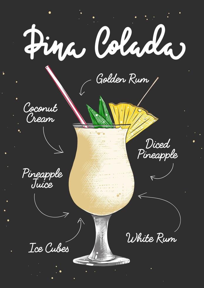 Pina Colada-Alkohol-Cocktail-Illustration mit Vektorgravur für Poster, Dekoration, Logo und Druck. handgezeichnete skizze mit beschriftung und rezept, getränkezutaten. detaillierte bunte Zeichnung. vektor