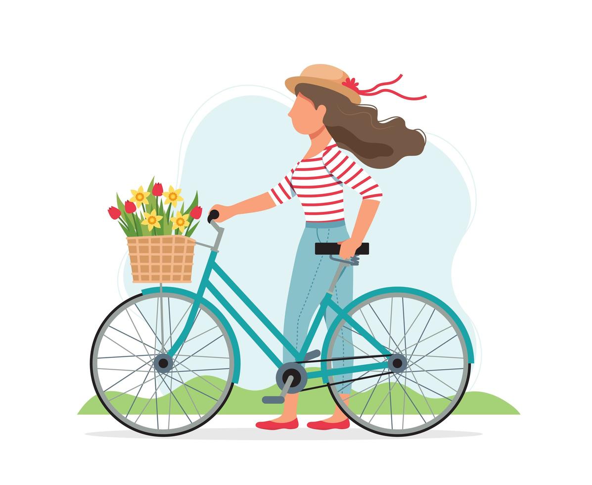 Frau mit einem Fahrrad mit Blumen im Korb vektor