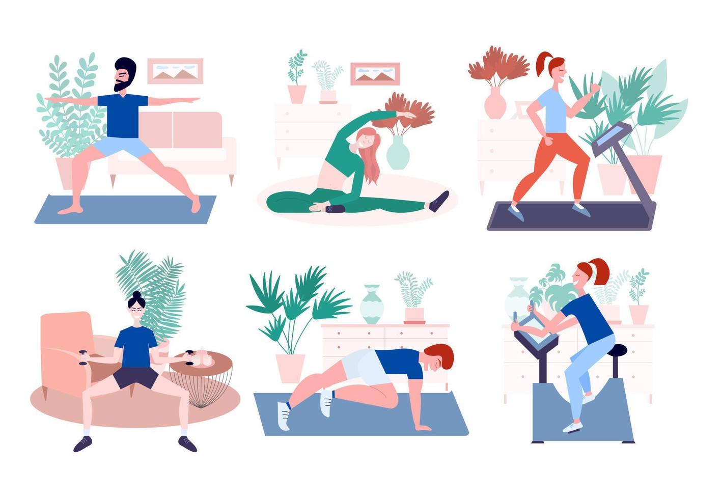 Hem sport Träning uppsättning. människor kondition aktivitet i rum, kvinna och man håller på med fysisk övningar yoga och gymnastik på Hem. platt stil sport illustration. vektor