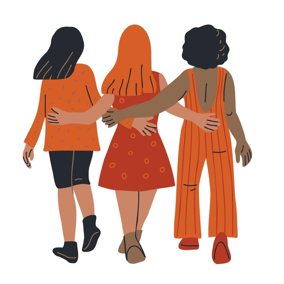 tre kvinna vänner gående tillsammans. se från Bakom. hand dragen tecknad serie vektor illustration