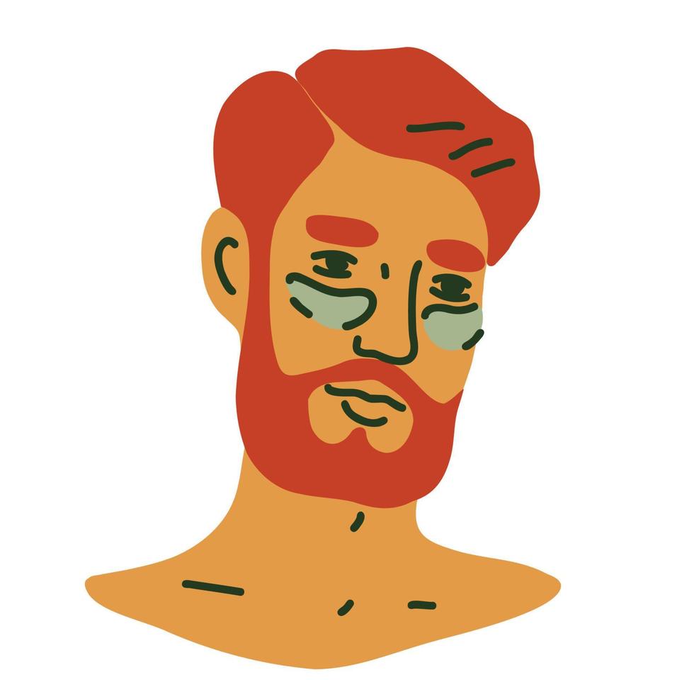 männliches Porträt mit kosmetischen Augenklappen. männliches hautpflegekonzept. hand gezeichnete flache vektorillustration vektor