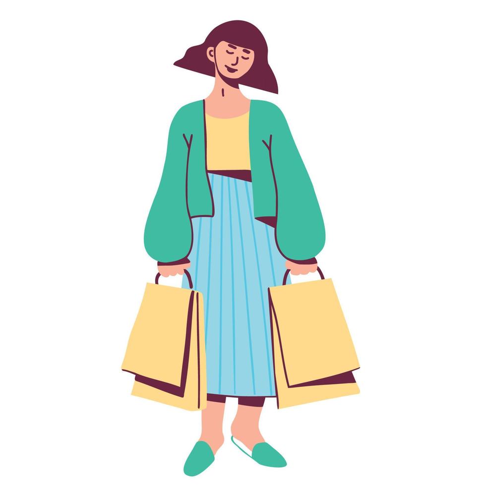 glückliche Frau mit Einkaufstüten. weibliche figur, die einkäufe trägt. hand gezeichnete flache vektorillustration vektor