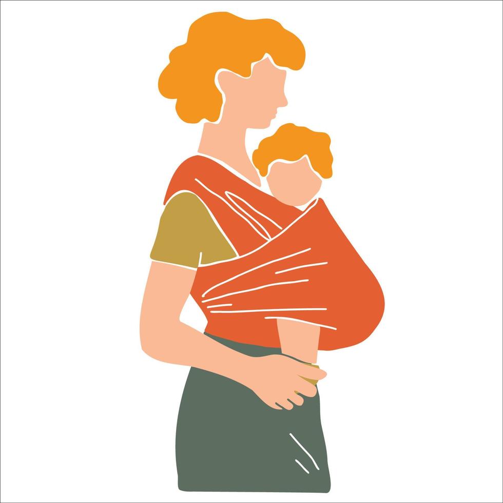 mor bär bebis bärare. kvinna med barn i sling. hand dragen vektor illustration i abstrakt minimal stil