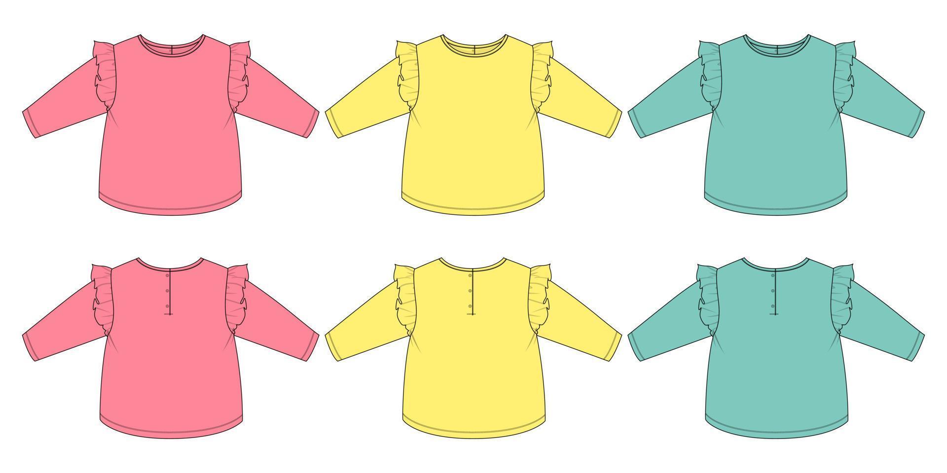 bebis flickor klänning design teknisk platt skiss vektor illustration mall. kläder Kläder falsk upp främre och tillbaka visningar