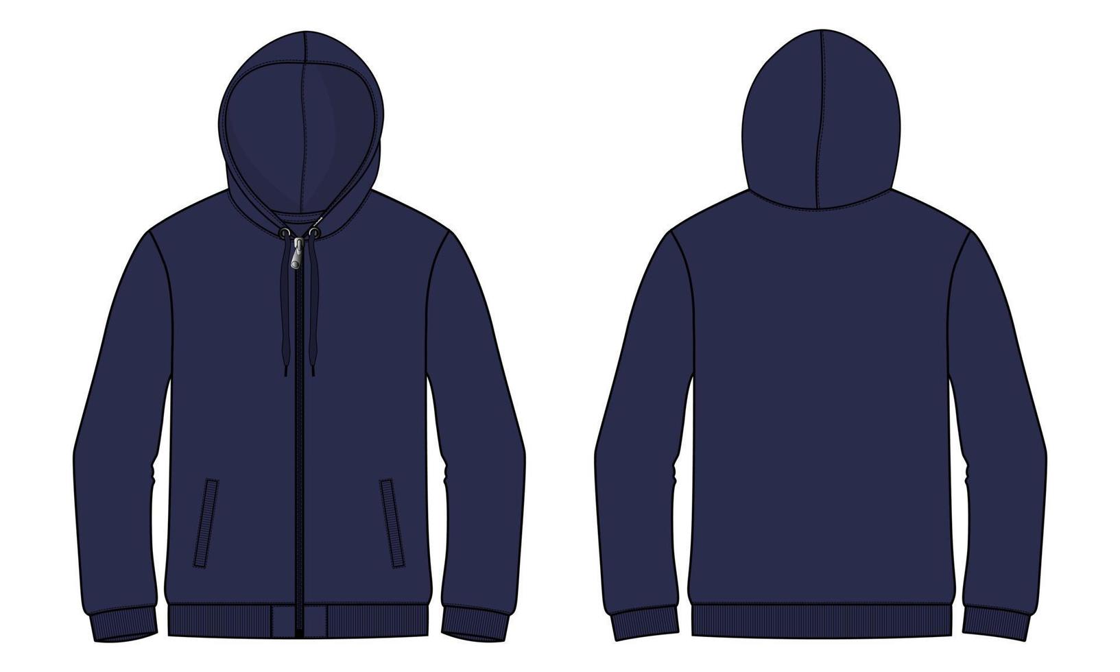 långärmad hoodie tekniskt mode platt skiss vektor illustration mall fram- och baksidan.