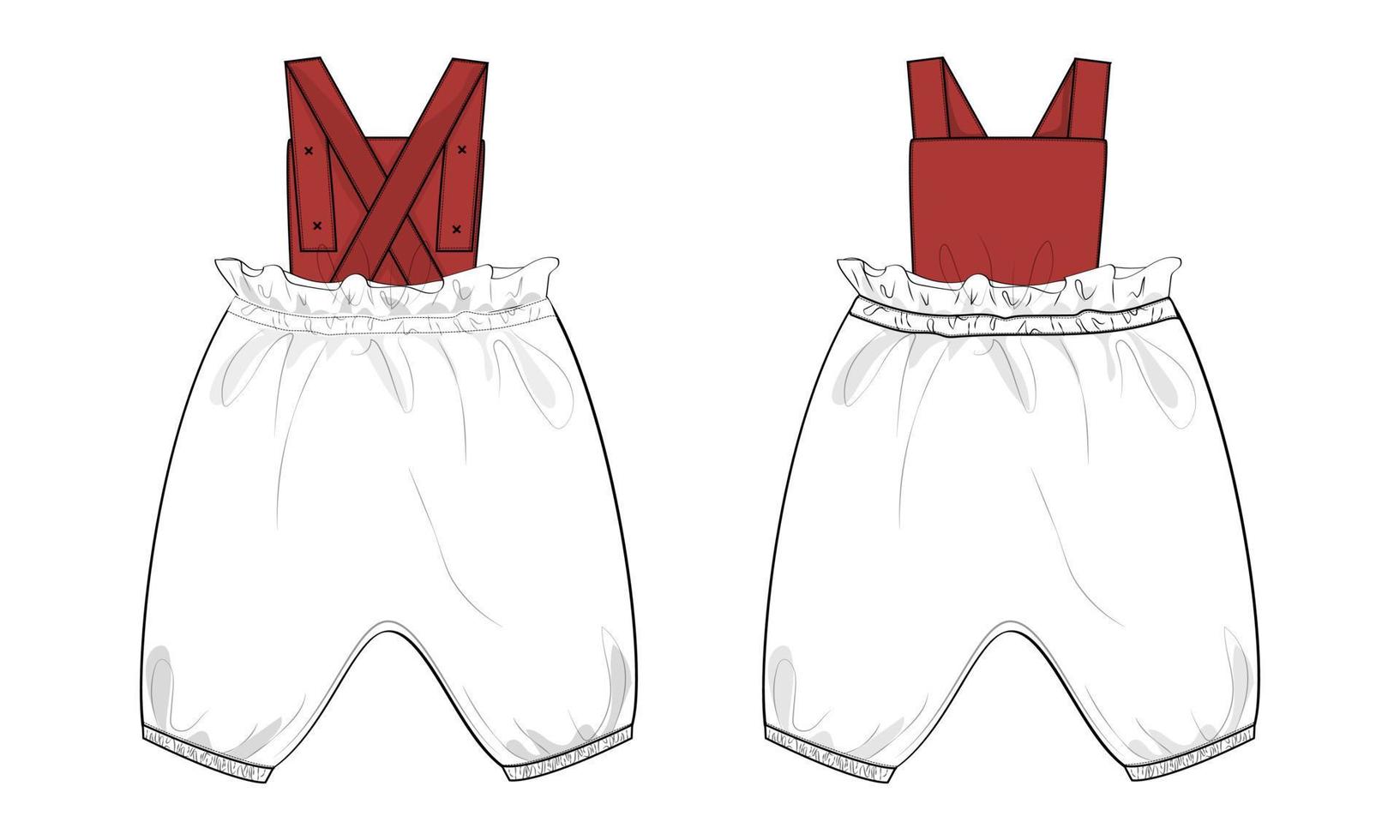 Kinder Latzhose Kleid Design technische Mode flache Skizze Vektor Illustration Vorlage Vorder- und Rückansichten.