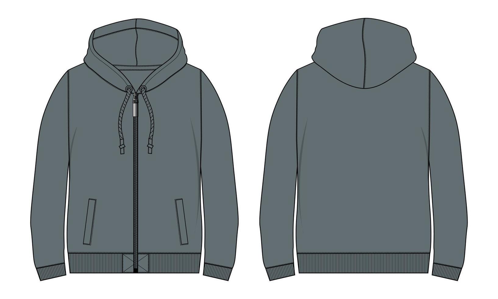 långärmad hoodie tekniskt mode platt skiss vektor illustration mall fram- och baksidan.