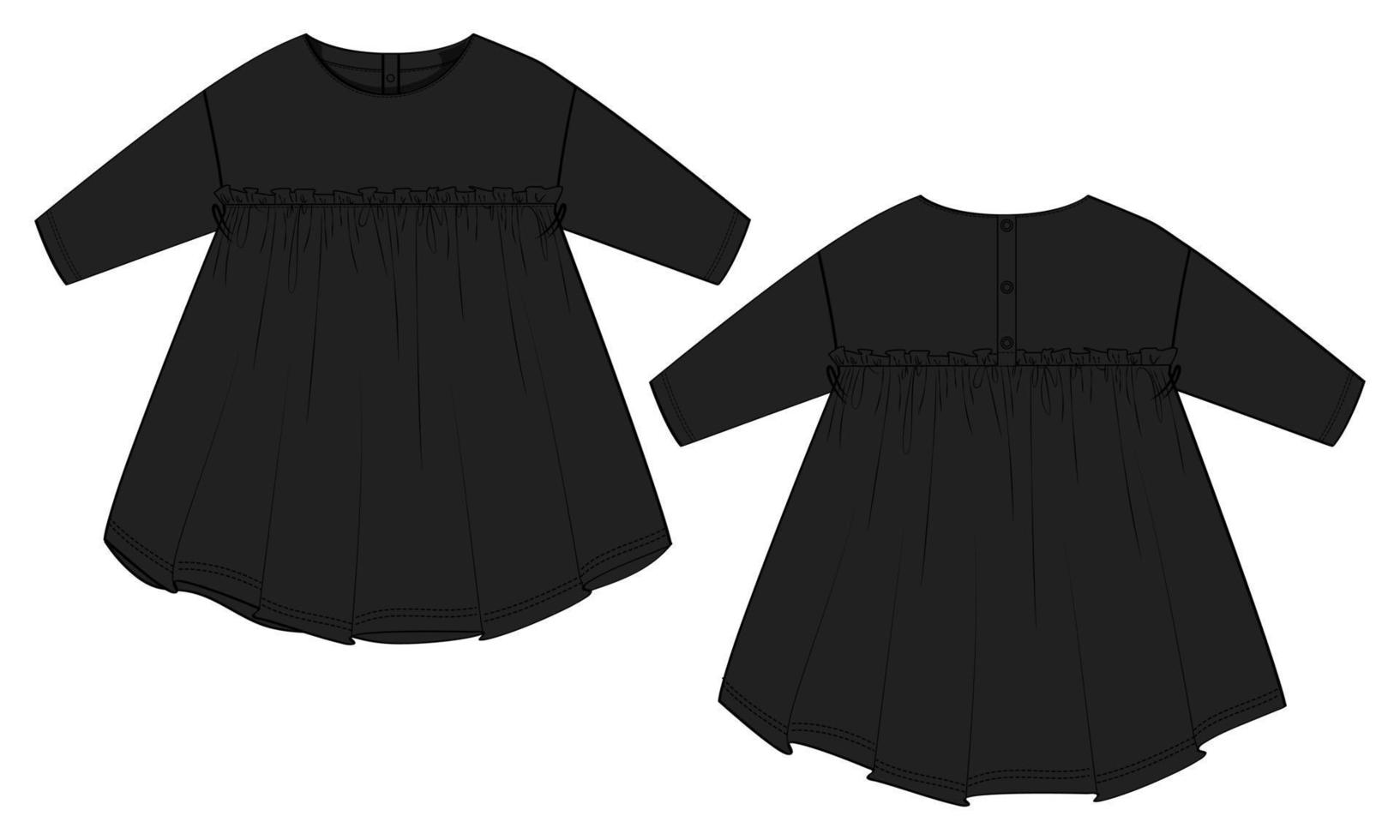 Baby Mädchen Kleid Design technische flache Skizze Vektor Illustration Vorlage. Bekleidung Mock-up Vorder- und Rückansicht