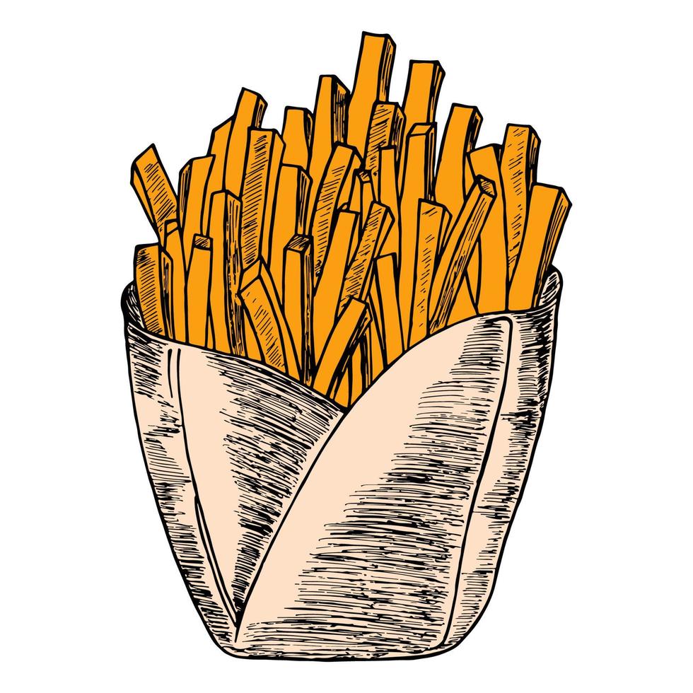 frittierte Pommes Frites in einer roten Verpackungsbox. Fastfood. karikaturvektorillustration eigenhändig gezeichnet. für das logo. vektor
