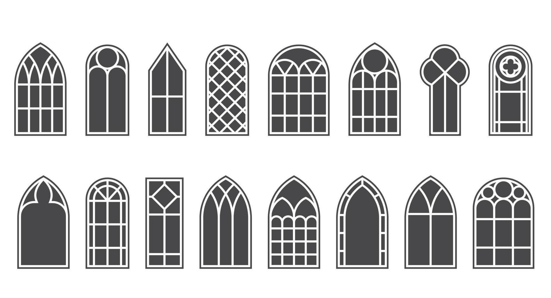kyrka medeltida fönster set. gammal gotisk stil arkitekturelement. vektor glyph illustration på vit bakgrund.