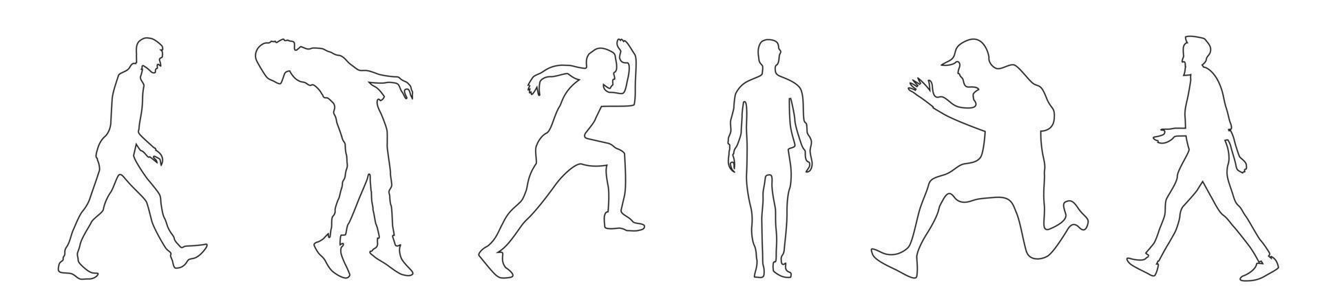 Männer, Vektorsilhouetten von stehenden, laufenden und gehenden Menschen, isolierte Strichzeichnungen vektor