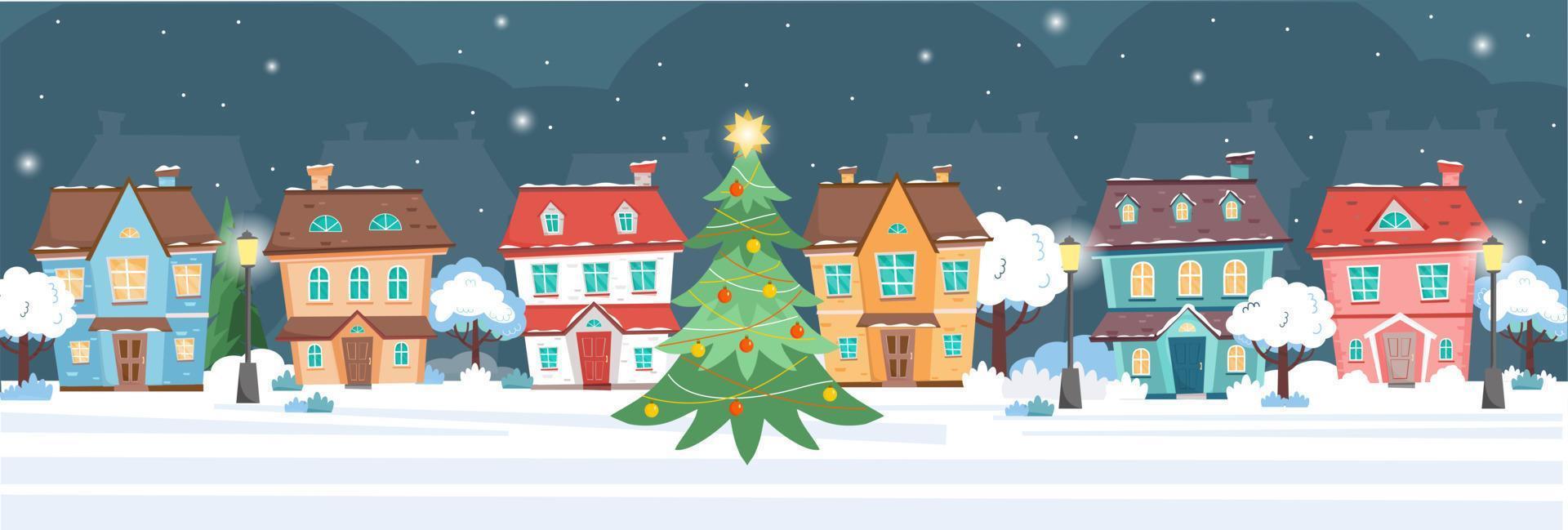horisontell baner med söt hus på vinter- snö natt. stugor, träd, gata lampor, jul träd på jul natt. vinter- stad på natt. vektor
