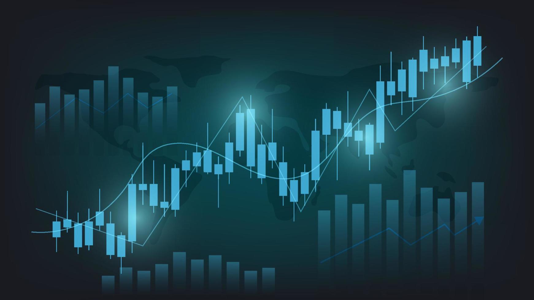 ekonomi situation begrepp. finansiell företag statistik med bar Graf och ljusstake Diagram visa stock marknadsföra pris och valuta utbyta på mörk grön bakgrund vektor