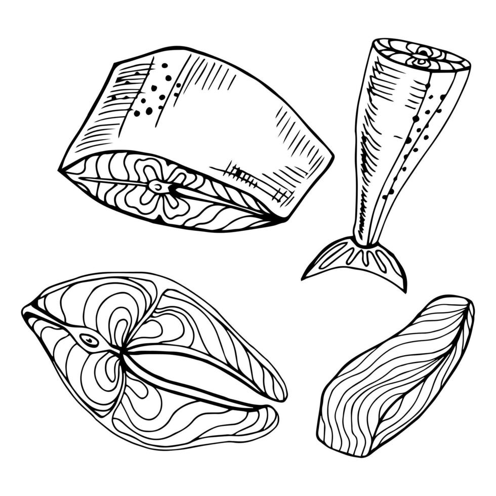 lax hela röd fisk, kaviar, rå biffar och filea realistisk isolerat översikt vektor illustration. dragen svartvit skaldjur måltid.
