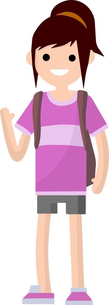 junges mädchen in rosa t-shirt, shorts und einem winkenden rucksack. Frau in Sommersportbekleidung. Student und Reisender. flache illustration der karikatur vektor