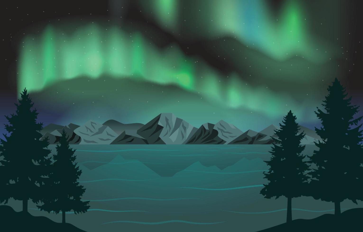 aurora borealis hav och berg landskap vektor