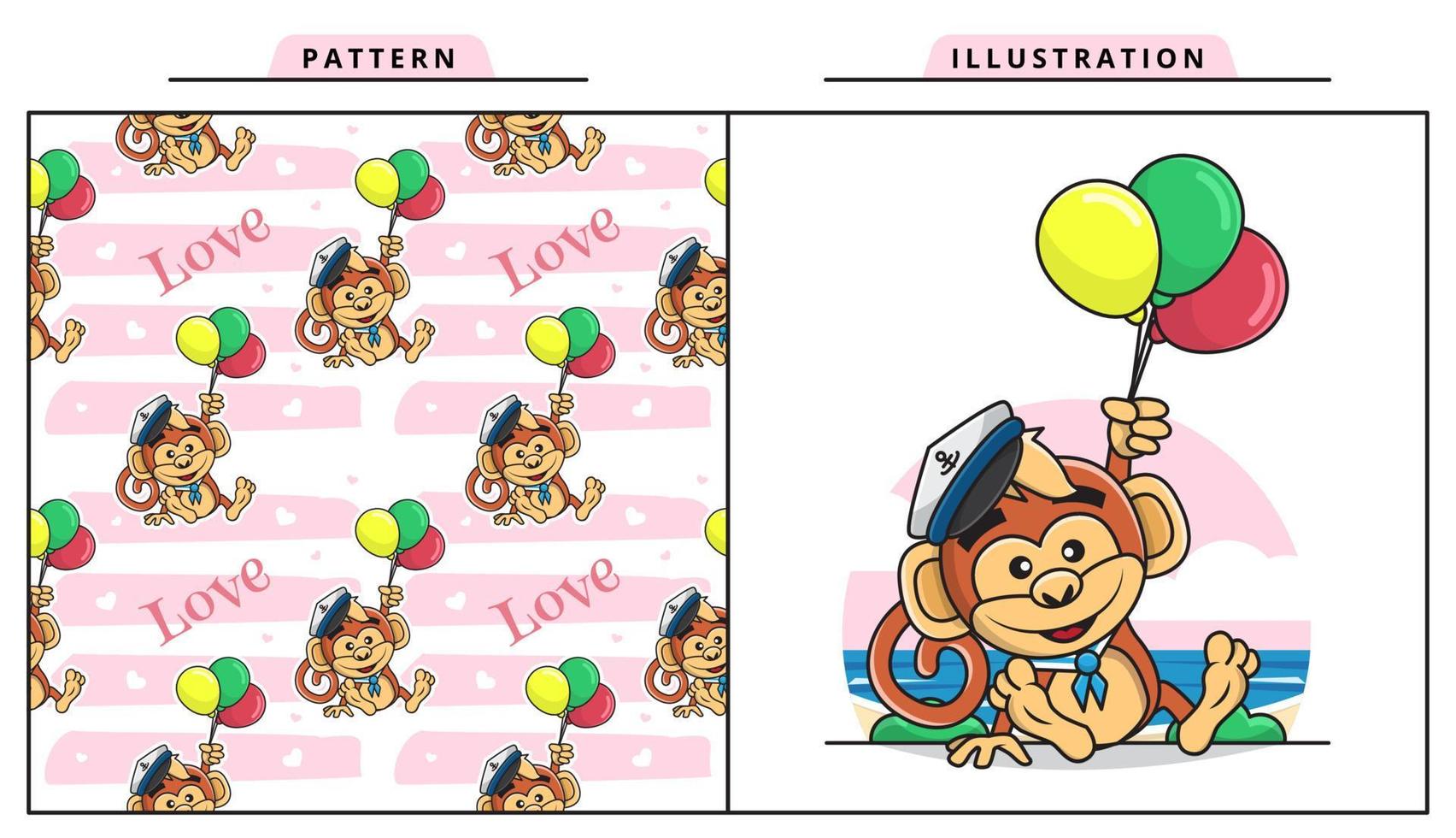 Illustrationsvektorgrafik des netten Affen, der Seemannskostüm trägt und Ballon mit dekorativem nahtlosem Muster hält vektor