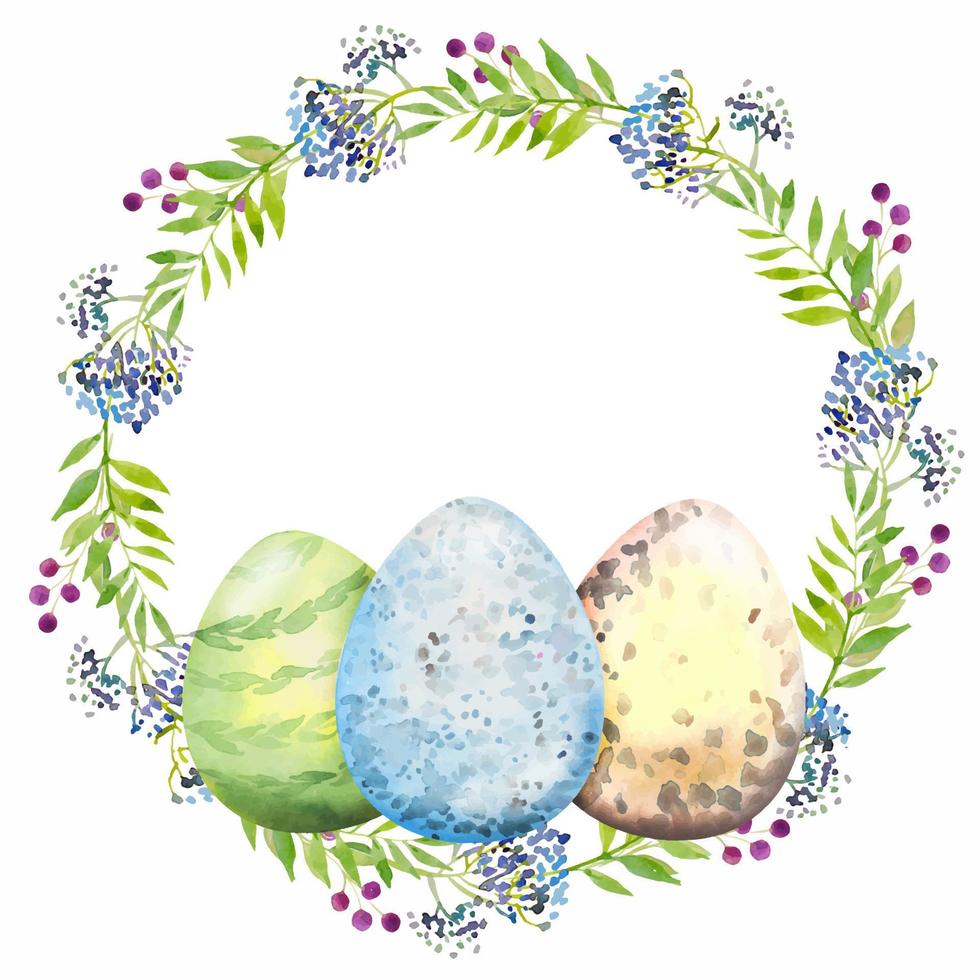 påsk blommig krans med violett blommor, grenar, löv och ägg. bukett av blommor, vattenfärg illustration. vektor